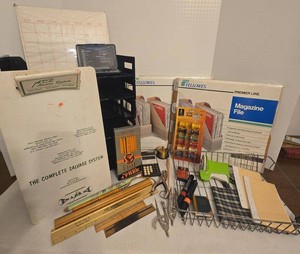 Vintage Office Supply Lot Fellowes Files Trays Rulers Drafting Tools