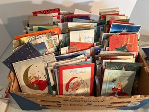 Vintage Mid-Century Christmas Greeting Cards Box Lot Assorted Designs