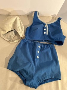 Vintage Blue Two Piece Swimsuit & White Swim Cap Set Mid Century