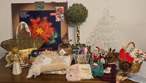 Lot of Vintage Christmas Decor Towels Throws Baskets Book Tree More
