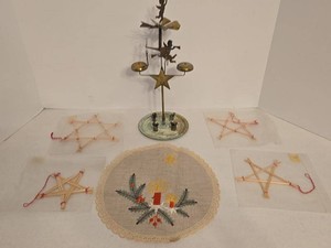 Vintage Christmas Decor Lot Brass Angel Chime Straw Stars Doily