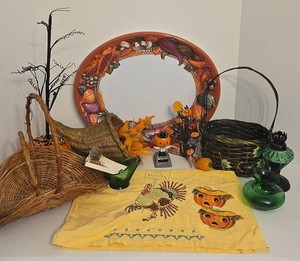 Vintage Fall Halloween Decor Lot Green Glass Baskets Ullman Platter