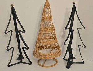 Vintage Christmas Tree Decor Wicker Tree & Metal Candle Holders