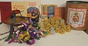 Vintage Christmas Decor Lot Tree Stand Songbooks Tin Ornaments