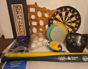 Vintage Sports Decor & Game Lot Dartboard Bats Frisbees Baseball
