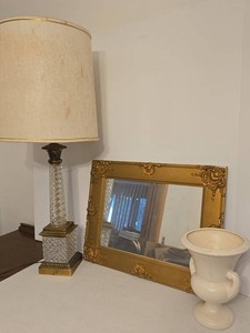 Vintage Hollywood Regency Decor Lot Gold Mirror Crystal Lamp Vase
