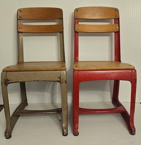 Pair of Vintage Childs School Chairs Painted Metal & Wood Seats