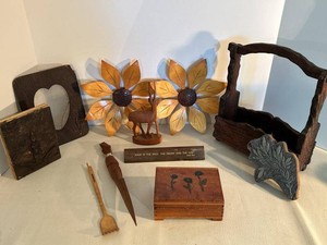 Lot of Vintage Hand Carved Wooden Folk Art Decor Mirror Basket Box