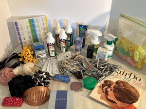 Vintage Hair Salon Beauty Supply Box Lot Rollers Clips Combs