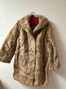 Vintage Womens Tan Fur Coat Shawl Collar Mid Length Beige
