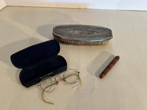 Vintage Vanity Accessories Lot Eyeglasses Brush Tartan Needle Case
