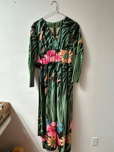 Vintage Floral Print Maxi Dress Long Sleeve Empire Waist Black Green