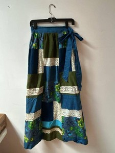 Vintage Handmade Patchwork Skirt Blue Green Lace Trim Midi Boho