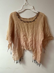 Unmarked Sheer Beaded Poncho Top Tan Asymmetrical Fringe Hem