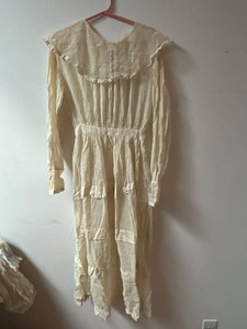 Antique Edwardian Girls Silk Dress Lace Collar Cream Long Sleeve