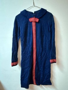 Vintage Navy Peter Pan Collar Dress Red Polka Dot Bow Trim