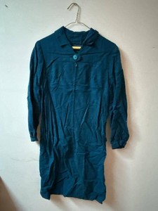 Vintage Teal Zip Front House Dress w Button Collar Long Sleeve