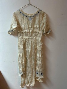 Antique Edwardian White Linen Girls Dress Blue Embroidery See Photos