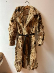 Vintage Patchwork Rabbit Fur Coat Full Length Womens Belted