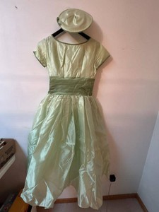 Girls Sage Green Taffeta Party Dress with Matching Hat Formal Set