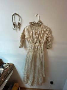 Antique Victorian Childs Silk Dress & Wax Flower Headpiece