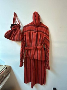 Vintage Handmade Woven Striped Jacket Skirt Set With Matching Bag