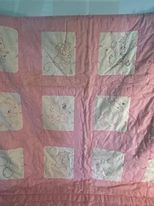Vintage Pink Baby Crib Quilt Embroidered Animal Patchwork 42 x 60