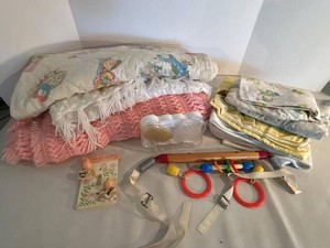 Vintage Baby Nursery Linen & Decor Lot Quilts Blanket Toys