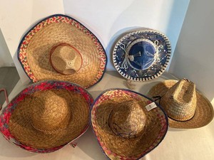 Set of 5 Mexican Sombrero Hats Straw & Blue Decorative Fiesta Lot