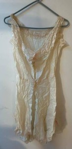 Antique Ivory Silk Teddy Romper Lace Pink Ribbon Boudoir Lingerie