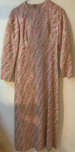 Vintage 1960s Pink Gold Brocade Shift Dress Long Sleeve Midi