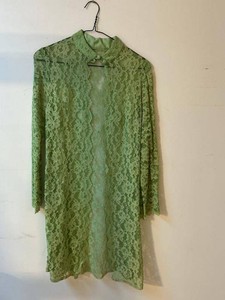 Vintage Womens Green Sheer Lace Duster Jacket Collared Bow Front