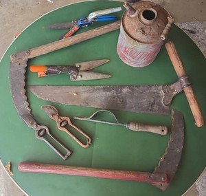 Lot of Assorted Vintage Garden Hand Tools Scythes Shears Oil Can