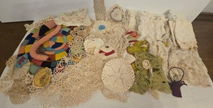 Vintage Crochet Lace Linen Textile Lot Doilies Trim Scarves Craft Pieces