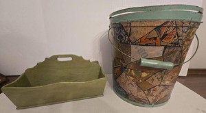 Vintage Decoupage Waste Basket & Painted Wood Caddy Decor Set