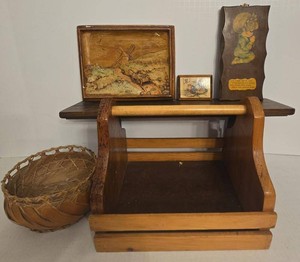 Lot of Vintage Wood Chalkware Wall Decor Shelf Basket Carrier Country Decor