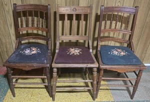 Set of 3 Vintage Wood Dining Chairs with Floral Upholstered Seats