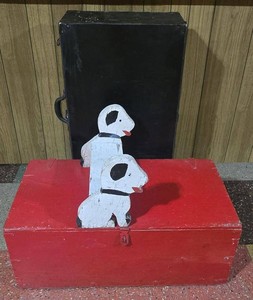 Vintage Painted Wood Trunks & Folk Art Dog Bench Primitive Decor