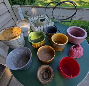 Lot of Assorted Vintage Planters Pots Watering Can Plant Stand Decor