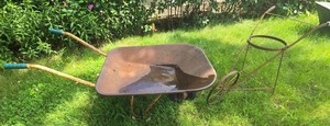 Vintage Rustic Garden Wheelbarrow & Metal Plant Stand Decor Lot