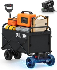 $250 SEESII Electric Wagon Cart Foldable with 2 x 4.0Ah Batteries, Stepless Variable Speed Collapsible Wagon, 150L Large Capacity & 330Lbs Grocery Cart with Multi-Terrain Wheels for Camp, Garden & Sport