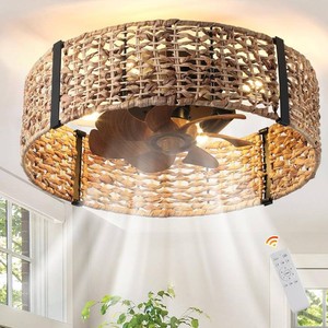 Ganeed 20 Boho Fandelier Ceiling Fan with Light, Rattan Caged Ceiling Fan with Light and Remote Control, Quiet Reversible Motor Enclosed Low Profile 6 Speeds for Bedroom Living Room Porch Kids Room