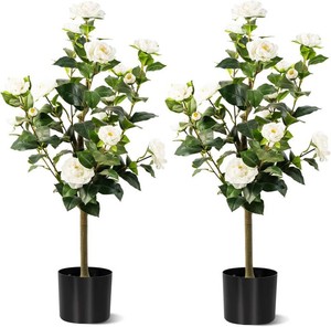 3FT Artificial Camellia Tree 2 Pack, Artificial Plants Outdoor Faux Floral Plant in Cement Pot Fake Silk Camellia Tree Plants for Home House Living Room Office Decor