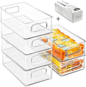 Stackable Refrigerator Organizer Bins, 6 Pack Clear Kitchen Organizer Container Bins with Handles and 20 PCS Plastic Bags for Pantry, Cabinets, Shelves, Drawer, Freezer - Food Safe, BPA Free 10L