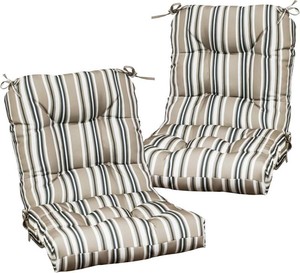 Outdoor Patio Chair Cushions 2 Pack, Seat Back with Ties, Water Resistant Tufted Seat Pads, 42 x 21, Beige Stripes
