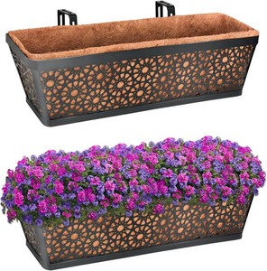 Halatool Railing Window Balcony Deck Planter Boxes Outdoor, 2 Pack 24 Inch Metal Heavy Duty Planter Boxes with Coco Liner for Windowsill Fence Porch Patio Lawn