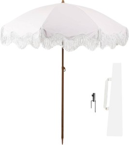 Rayjee 6.5FT Patio Umbrella with Fringe, UV Protection Beach Umbrella with Tilt & Adjustable Height, Includes Carry Bag & Ground Stake, Outdoor Umbrella for Pool, Garden, Backyard