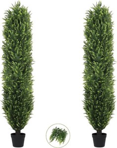 $190 THE BLOOM TIMES 6FT Tall Artificial Cedar Topiary Trees Set of 2, UV Resistant Large Faux Cypress Evergreen Plants for Outdoor Planters, Realistic Fake Bushes & Shrubs for Front Porch Christmas Decor