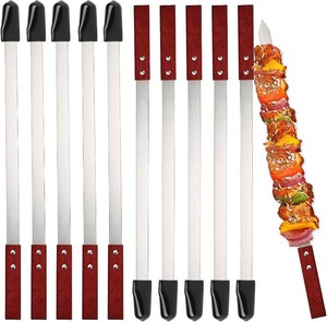 Idong 10 PCS Kabob Skewers 23.6 Flat Stainless Steel BBQ Skewers for Grilling Meat with Wood Handle and Tip Guards, Heavy Duty Reusable for Koobideh Persian Brazilian Shish Kebab