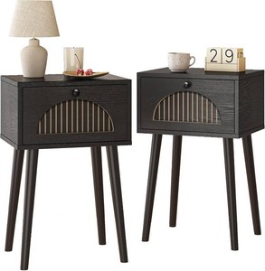 Fixwal Nightstands Set of 2 with Fluted Door, Small End Table with Solid Wood Feet for Bedroom Small Space, Modern Mid-Century Bedside Table, Black, 13.8 x 10.6 x 21.3in